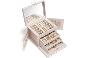 Vlando Joyero grande con 4 niveles, joyero de piel sintética, joyero con espejo y cajones, organizador de joyas, forro interior de terciopelo, color beige