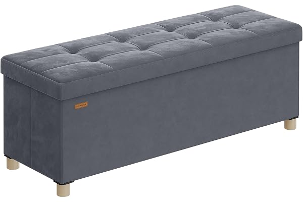 SONGMICS Förvaringsbänk i Sammet, Hopfällbar Sittbänk med Träben, 112 L | Max 300 kg, 110 x 38 x 40 cm, för Sovrum, Skiffergrå och Bläck Svart, Melisa Kollektion LSF0518G02