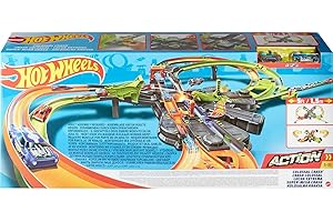Hot Wheels GFH87 Super Mega Crash duża tora wyścigowa z 8 zakrętami w rozmiarze XXL 1,5 m szerokości zestaw do gry z przyspieszeniem, zabawka dla dzieci od 5 lat, zastrzeżone różnice w opakowaniu