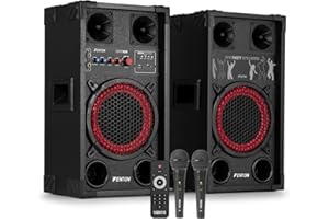 Fenton SPK-108 8-Inch Active Bluetooth Karaoke Speaker System with Wired Vocal Microphones, 400W Home Audio Karaoke Setup for Adults, USB/SD MP3 Playback & Echo Controls Included