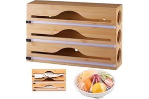 imposyu 3 en 1 Coupe-Film Distributeur de Film Alimentaire Rangement Papier Alu Et Film Alimentaire pour Organisateur d'emballage de Cuisine en Bambou 34x23x7cm