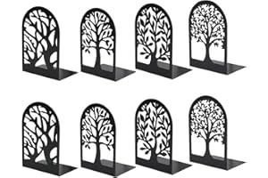 APKOL 8 Stück Metall Schwarz Buchstütze, Bücherhalter mit Baummuster, Bücherstütze, Buchstützen Organzier mit rutschfeste Bücherstopper Sicheren Abgerundete Kanten für Schule Zuhause Büro