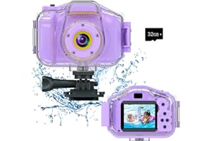 AMZELAS Kids Waterproof Camera, Christmas Birthday Gifts for Boys Girls Age 3-9, Children HD Digital Video Cameras, Portable Toy Child Underwater Camera 2 Inch Screen with 32GB Card (Purple)