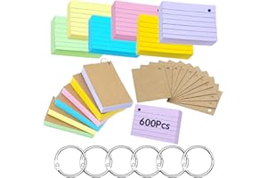 MOINKERIN Flash Cards 600 Pièces A8 Lignées Multicolores avec 7 Anneaux de Reliure, Fiches Bristol Perforées, Cartes de Révision et Index pour École, Bureau et Étude du Vocabulaire