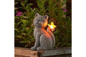 Goodeco Cats Statue with Solar Butterfly Garden Ornaments Outdoor - Funny Cat Gifts for Women Mum Birthday Gift Garden Balcony Decor Living Room Waterproof Grey 20.3CM