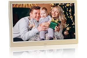 [Regalo de cumpleaños] Marco de fotos digital KASTISS de 10 pulgadas, con pantalla IPS HD, vídeo musical, función de control remoto, soporte de tarjetas USB/SD, montaje en pared (dorado)