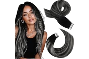 Moresoo Tape in Extensions Schwarz Ombre Silber Remy Echthaar Extensions Tape Balayage Schwarz bis Silber Unsichtbar Skin Weft Haarverlängerung Echthaar Tapes 20 Stück 50 Gramm 55 cm