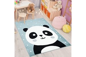 carpet city Tapis Bubble pour enfants - poils courts, motif panda, pour chambre d'enfant, pois blancs - bleu pétrole, gris, beige