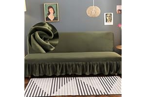 GEBIN Velvet Armless Futon Cover with Ruffle Skirt, Futon Slipcover, Futon Couch Cover, Futon Sofa Cover Futon Bed Cover Furniture Protector with Elastic Bottom (Army Green,Small)