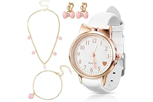 Herdear 4 Pcs Children's Watch and Silver Plated Jewellery Set Include Watch with Leather Strap, Necklace, 1 Pair Earrings and Bracelet for Kids Girls Birthday Gifts