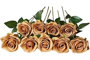 DuHouse 10 rose finte artificiali in seta con fiori di rose finte, bouquet lungo per arrangiamento, centrotavola per matrimoni, feste, casa, cucina (caffè)
