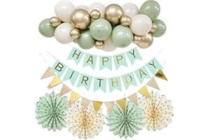 IGONE Sage Green Birthday Party Decorations,Happy Birthday Banner ,Green Gold Balloons Garland With Balloon Arch Tape, Bunting and Hanging Paper Fans,Party Decoration for Men Women Girls and Boys