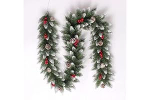 SINCHEREU Guirlande de Noël Artificielle en Rotin avec Pommes de Pin et Baies Rouges - 2,7 m - pour Extérieur, Intérieur, Escaliers, Cheminée, Façade de Mariage, Noël, Décoration de Fête