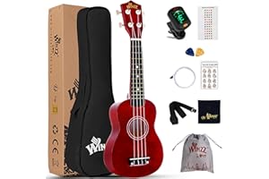 Winzz Ukulélé Soprano Kit de Démarrage pour Débutants avec Étui Souple Accordeur Amovible Cordes Supplémentaires Sangle Plectre Autocollants de Frette Carte d’accords Tissu de Polissage Marron