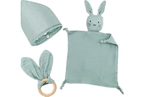 BINYI Baby Geschenk Junge Mädchen Neugeborene Geschenkset Babygeschenke 3 Stück Geschenke zur Geburt mit Schnuffeltuch Hase und Beißring Holz und Lätzchen Baby für Neugeborenen Babyparty Sachen (Mint)