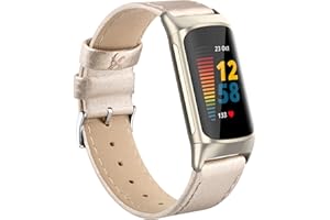 Tuocal Echtleder Armband Kompatibel mit Fitbit Charge 5 Armband für Damen Herren, Weiches Atmungsaktives Echtleder Ersatzarmband Sport Armband für Fitbit Charge 5 Aktivitäts Tracker, Champagner