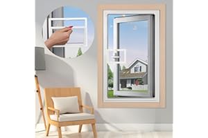 JOOFAN DIY Magnetic Window Screen with Small Window, Easy to Open and Close, Used for Windows with Handles(White Frame Grey Mesh with Small Windows, 57''X35''(145X89cm)