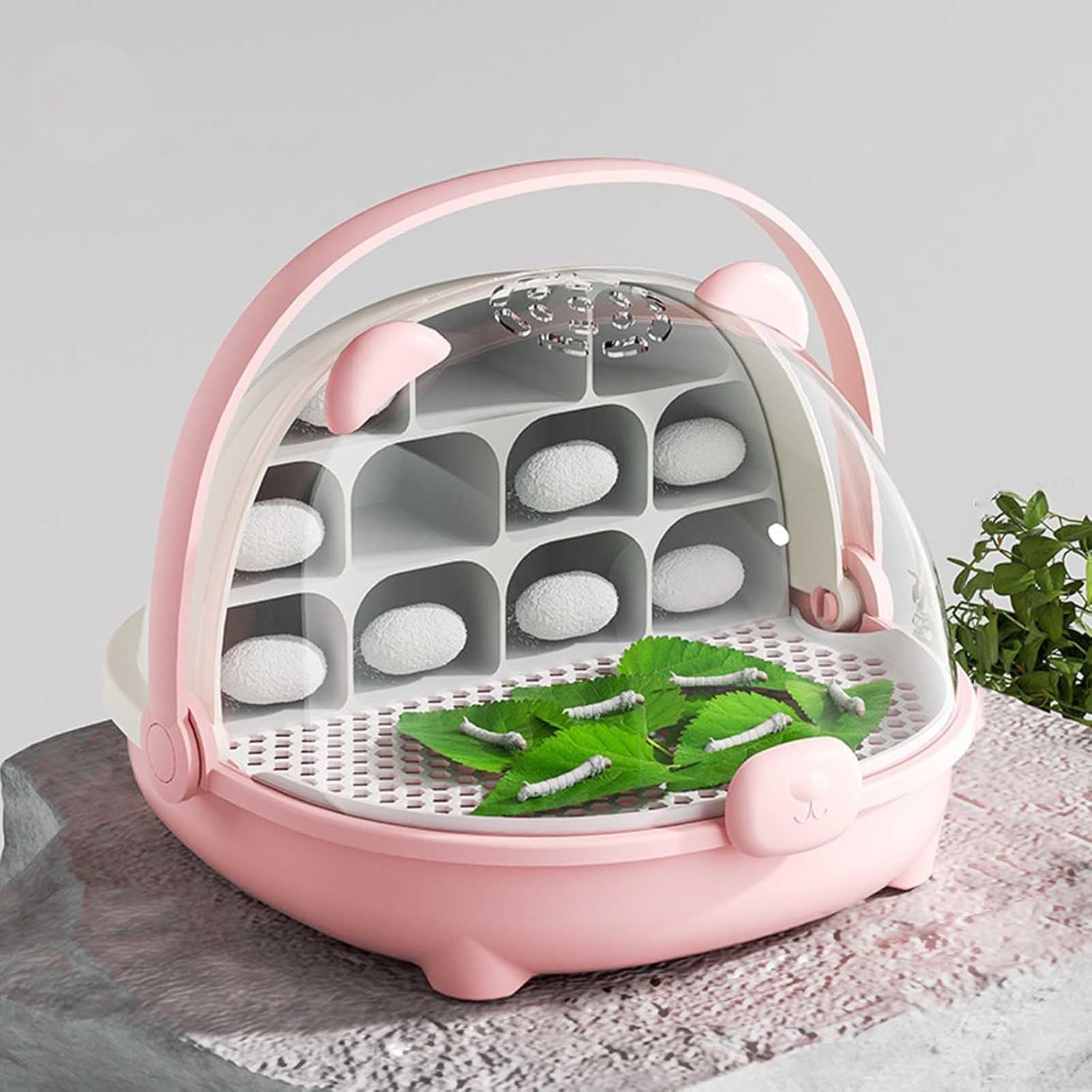 Caja de Crecimiento de Gusanos de Seda, cápsula Espacial para la cría de Gusanos de Seda, Jaula de hábitat Animal, Tanque de Reptiles, Caja de alimentación Transparente portátil con asa (Rosa)