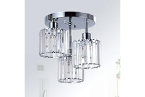 ‎RAYOFLY Rayofly Modern Kristall Kronleuchter, 3-flammig Kristall Deckenleuchte mit Glas Lampenschirm, Deckenlampe Hängend Wohnzimmer, Glas Pendelleuchte für Schlafzimmer, Küche, Flur, Badezimmer, Chrom