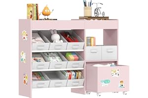 AIYAPLAY Kids Toy Storage Unit, Children Toy Box Organiser with 11 Fabric Bins, Cabinet, Top Shelves, 3 Stickers, Kids Storage Unit Bookshelf for Nursery, Playroom, Kindergarten, Pink