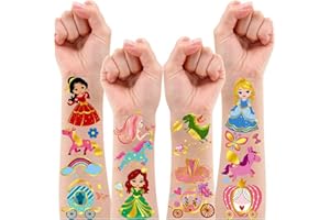 Leesgel Princess Party Decorations for Girls, 12 Sheets Metallic Glitter Tattoos for Kids Girls, Fake Tattoo Stickers Toys Return Gifts for Kids Birthday Princess Party Supplies Favors