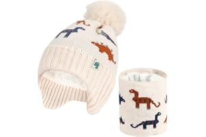 QKURT Ensemble Bonnet et écharpe Tricotés pour Enfants d'hiver, Bonnet Tricoté doux et chaud, Ensemble Cache-cou avec Motif de Dinosaure pour Garçons et Filles de 2 à 6 ans