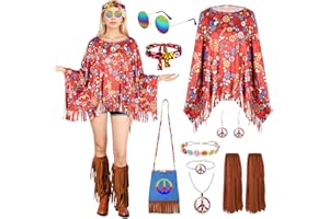 TOSZOLY Disfraz Hippie Mujer, Conjunto de Disfraz Hippie Años 60, Disfraces de Hippies para Mujery Otros Accesorios, Hippies Capa Años 70 de Discoteca para Fiestas y Halloween