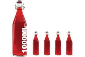 SLKFACTORY casavetro Lot de 4 Bouteilles vides en Verre Transparent de 1 Litre – Bouchon Rechargeable réutilisable – Joint en Caoutchouc hermétique pour Brassage Maison (4 x 1000 ML)