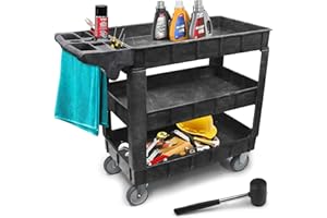 BOODPET Heavy Duty 3-Tier Plastic Utility Cart on Wheels – 41"x17"x34" – 550 lbs Load Capacity – Rolling Tool Trolley with Removable Adjustable Shelves – Service Cart for Garage, Workshop, Warehouse
