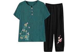 DXANDN Ensemble Chemise Femme Coton Lin Pas Cher Soldes Costume Tailleurs Chic Elegant Survêtement Ete Ample Et Cool Tenue De Sport Tee Shirt + Pantalon Large Streetwear Vintage Ensemble Lâche Grande Taille