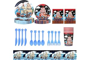 SWZY Geburtstag Party Geschirr,71 Stück Pirate Geburtstag Party Supplies Set Pirate Deko Kindergeburtstag Geschirr Set Pappteller Gabel Servietten Geburtstagsfeier Junge Für 10 Gäste(Blau)
