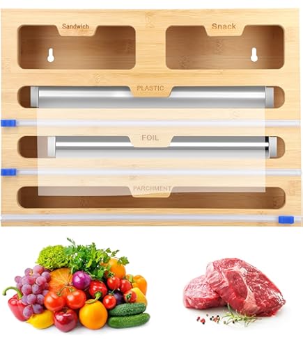 3-in-1 Foil Dispenser SpaceAid 3-in-1 Wrap Organizer - Bamboo Dispenser With Cutter For Plastic Wrap, Foil & Wax Paper, 12 Inch Rolls Bamboo Kitchen Organizer