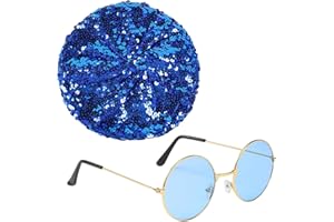 MEMOFYND 1 Piece Millinery and 1 Piece Carnival Glasses, Glitter Suit, Colorful Sequin Hat, Glitter Beret, Hip Hop Sunglasses, Retro Round Glasses, Suitable for Masquerade, Party, Prom Dress（Blue）