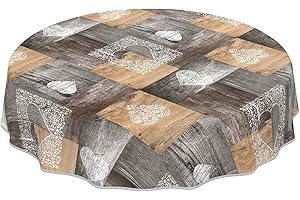 ANRO - Mantel de hule lavable para mesas grandes, con diseño efecto madera con corazones en marrón, redondo, 155 cm, con dobladillo, ribeteado