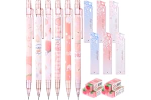 Uoeo Cute Mechanical Pencil Set for Kids- 6pcs Kawaii Juice Peach Mechanical Pencils with Erasers and 0.5mm Tubes Pencil Refills for Student Writing, Drawing, Sketching, Architecture, Pink