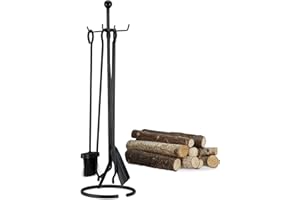 Relaxdays Ensemble serviteur de cheminée 5 pièces accessoire acier pince pelle balai tisonnier, noir
