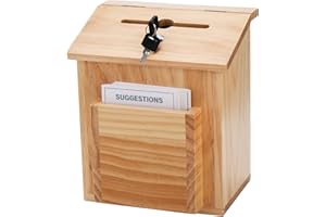 ZENFUN Wooden Suggestion Box With 50 Free Cards, Natural Pinewood Ballot Comment Donation Box, Locking Hinged Lid for Countertop or Wall Mounted, 8.6" x 6.8" x 10"
