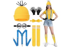 Hifot 5 PCS Jaune Deguisement Halloween Adultes Enfants, Bonnet Jaune Lunettes Goggles Gants Noirs Boutons Bretelles, Accessoires Deguisement Film Drole pour Fête de Halloween Carnaval Cosplay