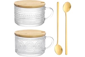 Pgtc Tazas de Café Vintage, 2 Taza de té de Vidrio Transparente de 14 onzas Vasos de Latte Macchiato, Tazas de Desayuno con Tapa y Cuchara, Taza de café de vidrio para Leche, Café, Avena, Yogurt