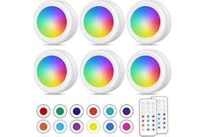 PURSNIC Wireless LED Lights, 16 Colour Changing Under Cabinet Kitchen Lights with 2 Remote Controls, Battery Powered Lights with Timer, Brightness Adjustable Battery Wall Lights Indoor, 6 Pack