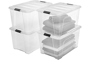 Iris Ohyama Scatole Portaoggetti in con Coperchio, 45L, Lotto di 4, Trasparente, Clip di Bloccaggio, Empilabile, Maniglia, Per Camera, Armadio, Ufficio, Organizzatore, Senza BPA, DDNTB-45