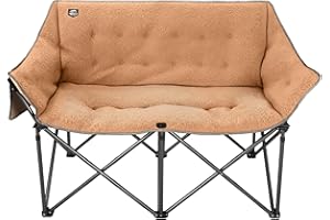 LANMOUNTAIN Oversized Folding Double Camping Chairs,Heavy Duty Supports 600 Lbs,Comfy Portable Loveseat for Adults w/Mesh Pocket,Plush Fleece-Lined Lawn Couch for Outdoor/Indoor,Light Moca