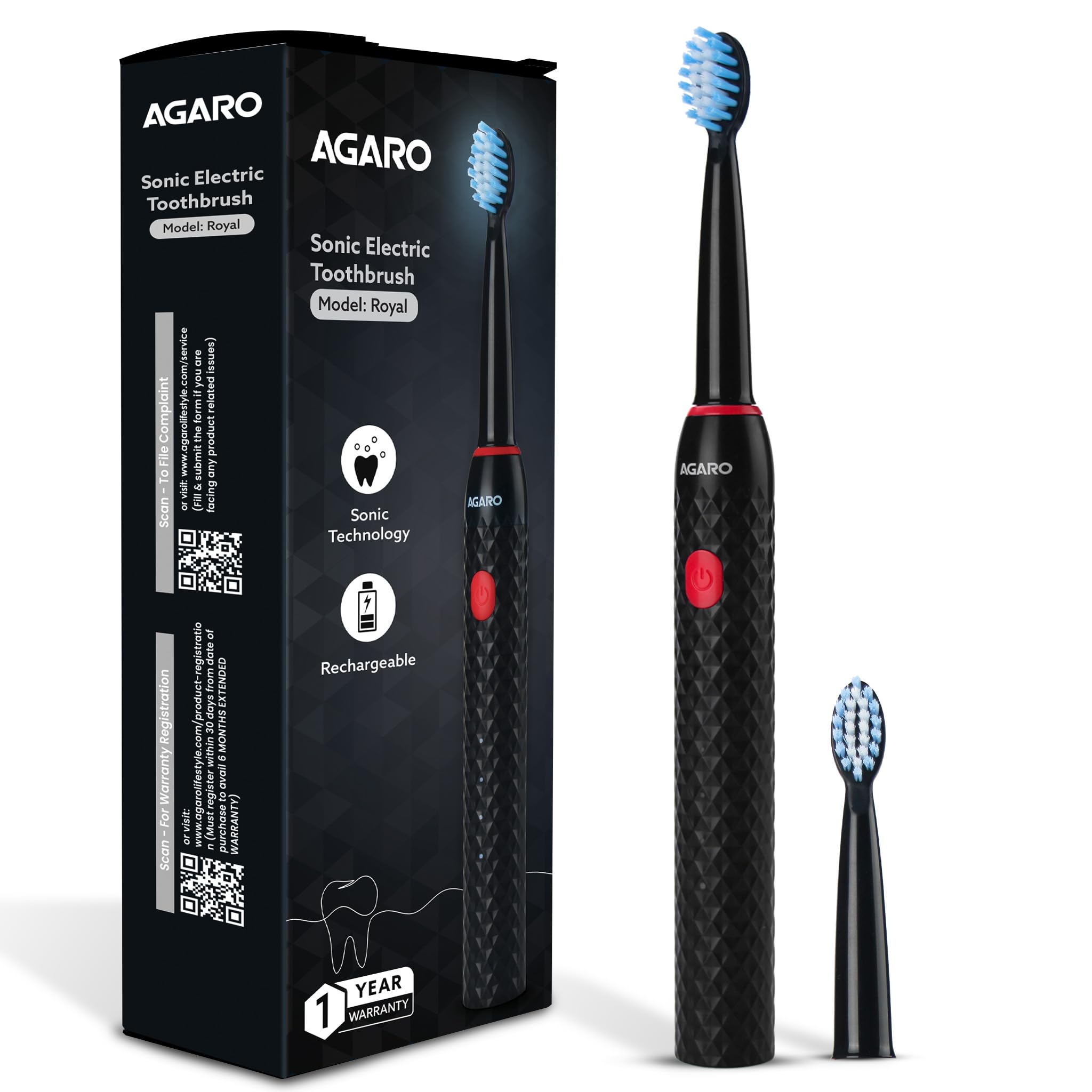 AGARO Royal Sonic Electric Toothbrush for Adults with 3 Modes, 19000 Strokes per minute, 2 Brush Heads, Dupont Soft Nylon Bri
