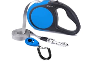 CFMOUR Retractable Dog Lead, 5m/20kg Blue Heavy-Duty Extendable Dog Leads for Small to Medium Dogs; Strong Nylon Tape Ribbon Leash, One-Button Brake&Lock, Bonus Training Clicker