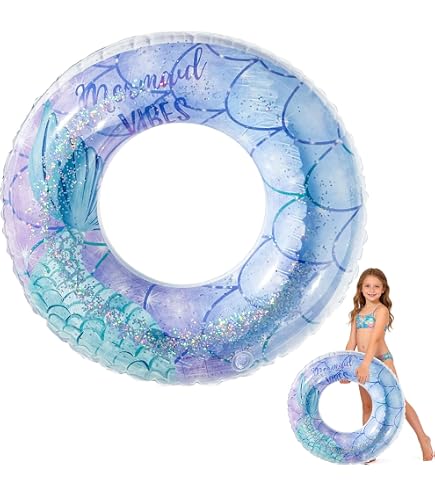 ZoneYan Bouée Sirène Enfant – Anneau Gonflable Paillettes, Flotteur Sécurisé Pour Piscine/Plage, 3-9 Ans, 35 Kg