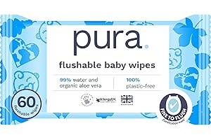 Pura Eco Flushable Baby Wipes - 1 Pack (60 Wipes) 100% Plastic Free, 99% Water, Suitable for Sensitive, Eczema Prone Skin, Newborn Baby & Toddlers, Biodegradable, Vegan, Potty Training