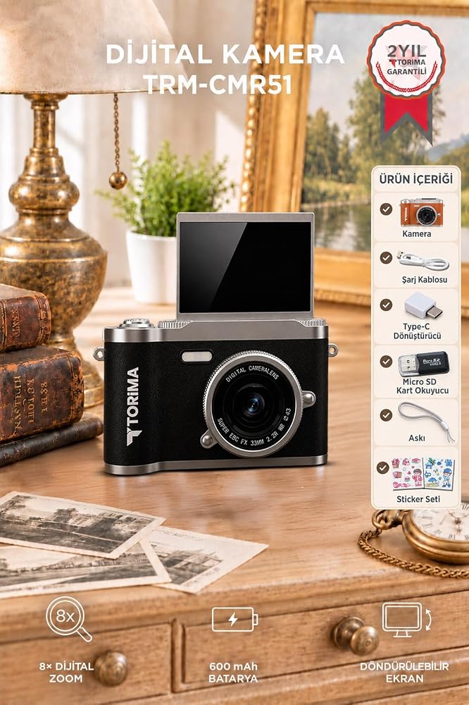 Mini Dijital Retro Kamera CMR51 Siyah Flip Ekranlı Selfie Video Vlog Kamerası
