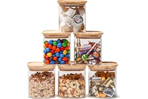 EZOWARE Tarros de Vidrio Borosilicato de Almacenamiento Recipientes, Transparente Organizador de Cristal con Tapa Hermético de Madera Bambu Para Té Café Azúcar Harina Frijoles - 6 Pcs / 700ml