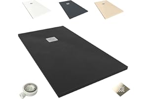 NEBADOON | Plato de Ducha de Modelo Roma II – Plato Ducha Resina con Textura Pizarra - Disponible en Varios Colores y Medidas – Negro (RAL 9005) 80x90 cm – Incluye Válvula Desagüe y Rejilla