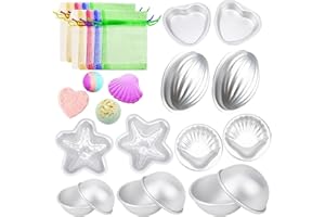 PWSAP 14Pcs Bath Bomb Moulds, DIY Fizzies Bomb mold in 7 Shape Hemisphere Conch Scallop Heart Starfish, Aluminum Alloy Craft Ball Hollow Ball Fillable with 50Pcs Organza Bags, for Handmade Soaps & Cake
